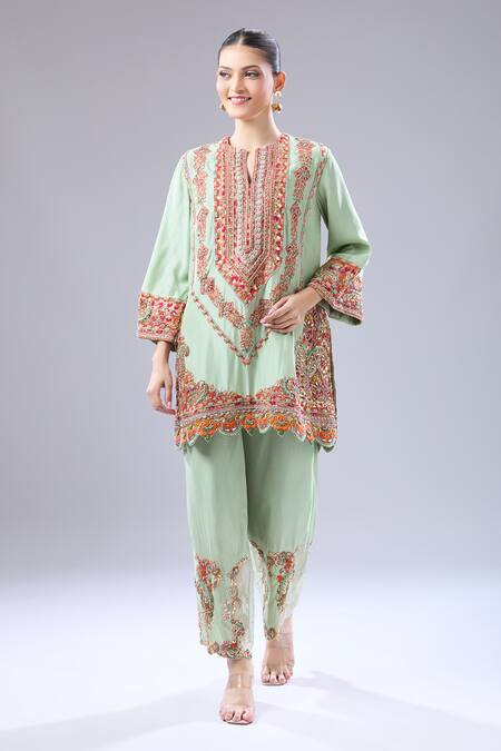 Buy Debyani + CO Green Silk Embroidery Round Neck Chakarvyuk Kurta And Salwar Buy_Debyani + CO_Green Silk Embroidery Round Neck Chakarvyuk Kurta And Salwar