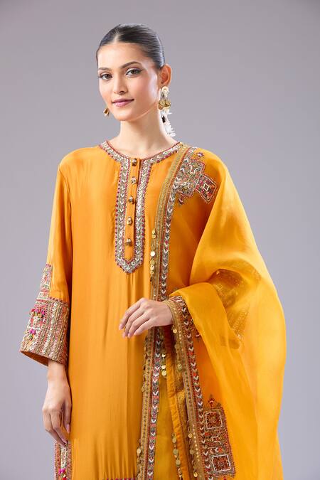 Debyani + CO Orange Silk Embroidery Round Neck Kurta Set With Dupatta Online at Aza Fashions Debyani + CO_Orange Silk Embroidery Round Neck Kurta Set With Dupatta _Online_at_Aza_Fashions