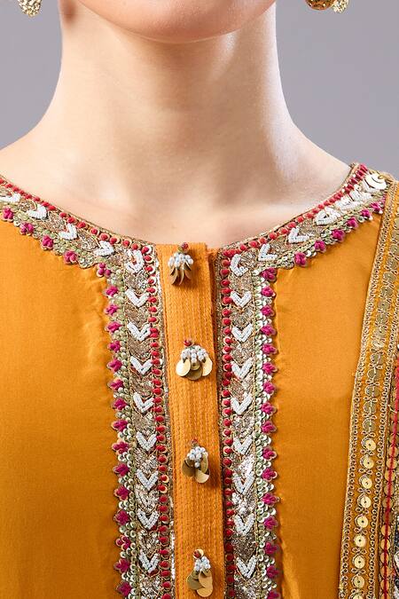 Shop Debyani + CO Orange Silk Embroidery Round Neck Kurta Set With Dupatta Online at Aza Fashions Shop_Debyani + CO_Orange Silk Embroidery Round Neck Kurta Set With Dupatta _Online_at_Aza_Fashions