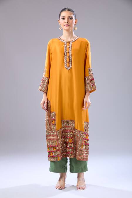 Debyani + CO Orange Silk Embroidery Round Neck Kurta Set With Dupatta at Aza Fashions Debyani + CO_Orange Silk Embroidery Round Neck Kurta Set With Dupatta _at_Aza_Fashions