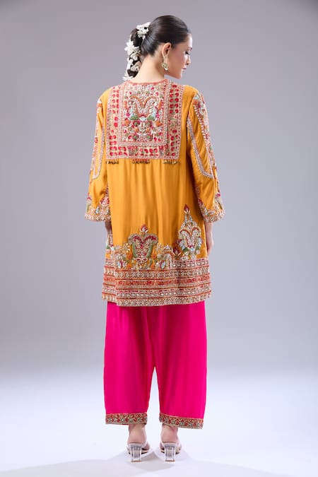 Shop Debyani + CO Orange Silk Embroidery Split V-neck Navratan Kurta And Salwar Set at Aza Fashions Shop_Debyani + CO_Orange Silk Embroidery Split V-neck Navratan Kurta And Salwar Set _at_Aza_Fashions