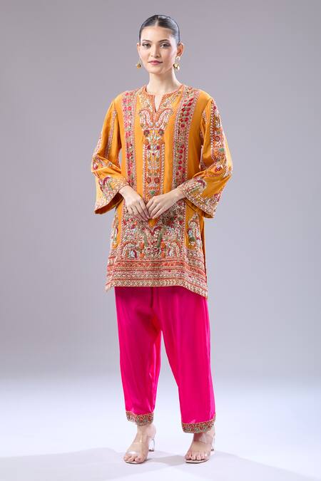 Buy Debyani + CO Orange Silk Embroidery Split V-neck Navratan Kurta And Salwar Set Online at Aza Fashions Buy_Debyani + CO_Orange Silk Embroidery Split V-neck Navratan Kurta And Salwar Set _Online_at_Aza_Fashions