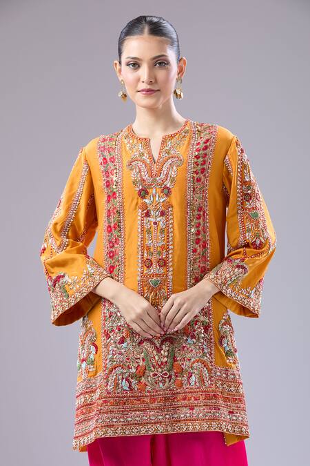 Shop Debyani + CO Orange Silk Embroidery Split V-neck Navratan Kurta And Salwar Set Online at Aza Fashions Shop_Debyani + CO_Orange Silk Embroidery Split V-neck Navratan Kurta And Salwar Set _Online_at_Aza_Fashions