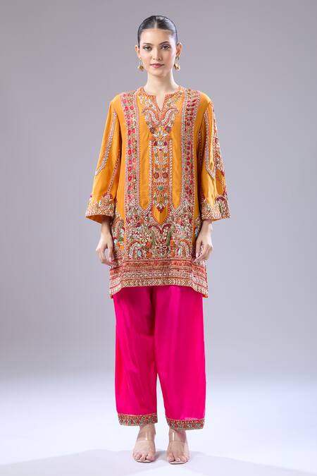 Debyani + CO Orange Silk Embroidery Split V-neck Navratan Kurta And Salwar Set at Aza Fashions Debyani + CO_Orange Silk Embroidery Split V-neck Navratan Kurta And Salwar Set _at_Aza_Fashions