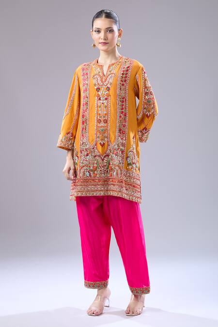 Buy Debyani + CO Orange Silk Embroidery Split V-neck Navratan Kurta And Salwar Set Buy_Debyani + CO_Orange Silk Embroidery Split V-neck Navratan Kurta And Salwar Set