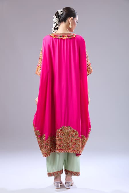 Shop Debyani + CO Pink Silk Embroidery Split V-neck Pitta Kaftan With Salwar at Aza Fashions Shop_Debyani + CO_Pink Silk Embroidery Split V-neck Pitta Kaftan With Salwar _at_Aza_Fashions