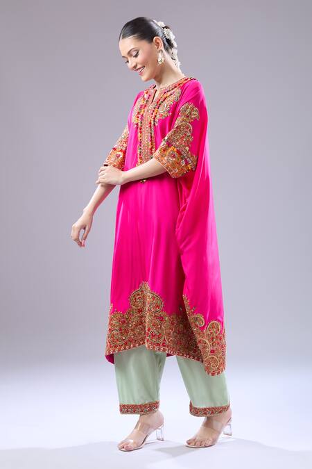 Debyani + CO Pink Silk Embroidery Split V-neck Pitta Kaftan With Salwar Online at Aza Fashions Debyani + CO_Pink Silk Embroidery Split V-neck Pitta Kaftan With Salwar _Online_at_Aza_Fashions