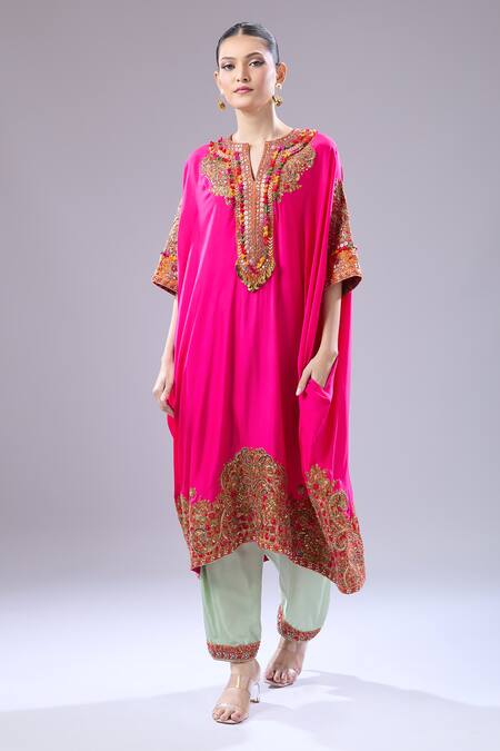 Buy Debyani + CO Pink Silk Embroidery Split V-neck Pitta Kaftan With Salwar Online at Aza Fashions Buy_Debyani + CO_Pink Silk Embroidery Split V-neck Pitta Kaftan With Salwar _Online_at_Aza_Fashions