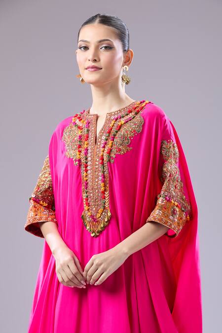 Debyani + CO Pink Silk Embroidery Split V-neck Pitta Kaftan With Salwar at Aza Fashions Debyani + CO_Pink Silk Embroidery Split V-neck Pitta Kaftan With Salwar _at_Aza_Fashions