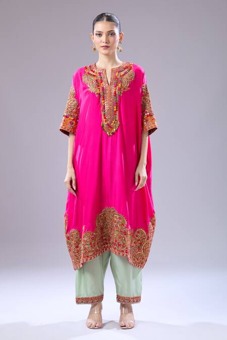 Buy Debyani + CO Pink Silk Embroidery Split V-neck Pitta Kaftan With Salwar Buy_Debyani + CO_Pink Silk Embroidery Split V-neck Pitta Kaftan With Salwar