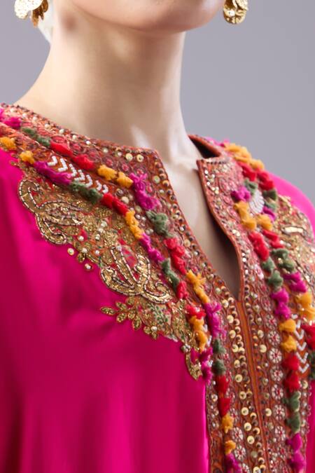 Shop Debyani + CO Pink Silk Embroidery Split V-neck Pitta Kaftan With Salwar Shop_Debyani + CO_Pink Silk Embroidery Split V-neck Pitta Kaftan With Salwar