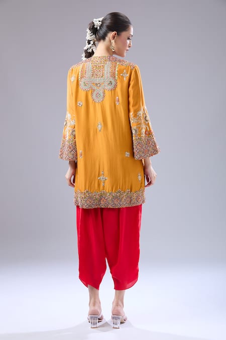 Shop Debyani + CO Orange Silk Embroidery Round Neck Jaal Kurta Salwar Set at Aza Fashions Shop_Debyani + CO_Orange Silk Embroidery Round Neck Jaal Kurta Salwar Set _at_Aza_Fashions