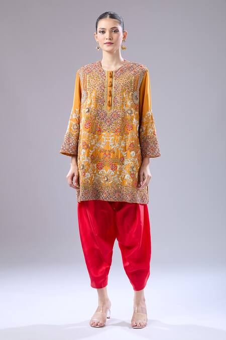 Debyani + CO Orange Silk Embroidery Round Neck Jaal Kurta Salwar Set Online at Aza Fashions Debyani + CO_Orange Silk Embroidery Round Neck Jaal Kurta Salwar Set _Online_at_Aza_Fashions