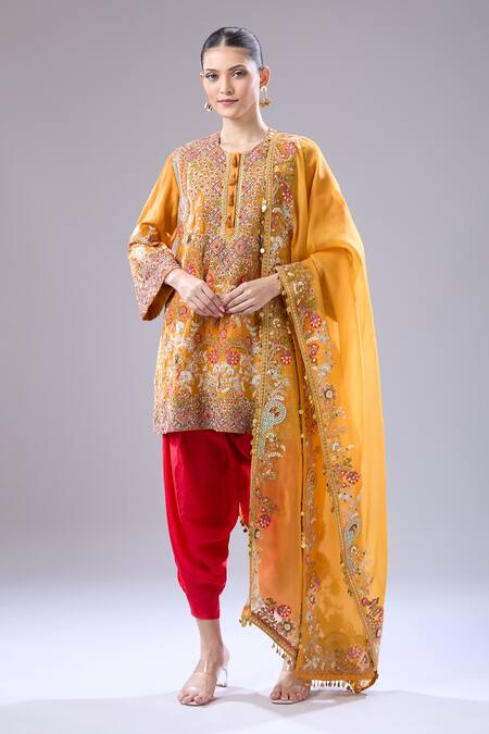 Buy Debyani + CO Orange Silk Embroidery Round Neck Jaal Kurta Salwar Set Online at Aza Fashions Buy_Debyani + CO_Orange Silk Embroidery Round Neck Jaal Kurta Salwar Set _Online_at_Aza_Fashions