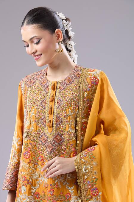 Debyani + CO Orange Silk Embroidery Round Neck Jaal Kurta Salwar Set at Aza Fashions Debyani + CO_Orange Silk Embroidery Round Neck Jaal Kurta Salwar Set _at_Aza_Fashions