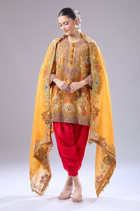 Buy Debyani + CO Orange Silk Embroidery Round Neck Jaal Kurta Salwar Set Buy_Debyani + CO_Orange Silk Embroidery Round Neck Jaal Kurta Salwar Set