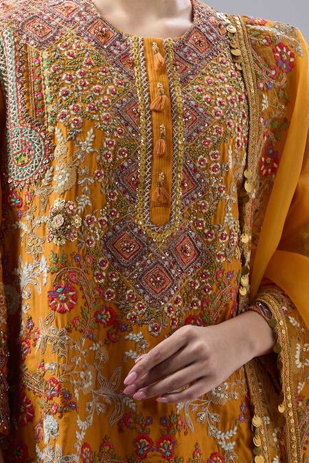 Shop Debyani + CO Orange Silk Embroidery Round Neck Jaal Kurta Salwar Set Shop_Debyani + CO_Orange Silk Embroidery Round Neck Jaal Kurta Salwar Set