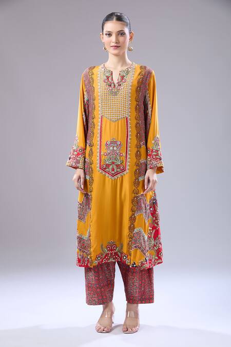 Shop Debyani + CO Orange Silk Embroidery Round Neck Suraj Zig Zag Kurta Set Online at Aza Fashions Shop_Debyani + CO_Orange Silk Embroidery Round Neck Suraj Zig Zag Kurta Set _Online_at_Aza_Fashions