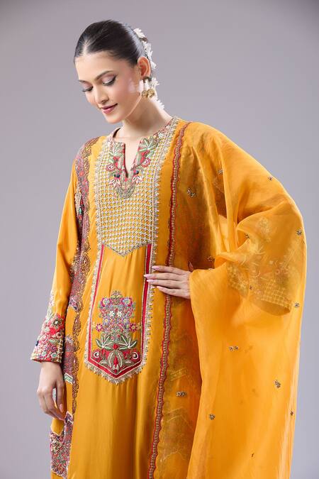 Debyani + CO Orange Silk Embroidery Round Neck Suraj Zig Zag Kurta Set at Aza Fashions Debyani + CO_Orange Silk Embroidery Round Neck Suraj Zig Zag Kurta Set _at_Aza_Fashions