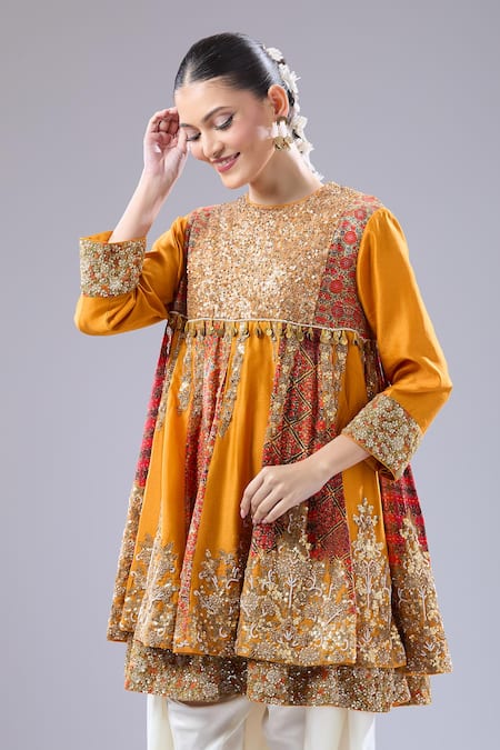 Debyani + CO Orange Silk Sequins Round Neck Embroidered Burnt Anarkali Set Online at Aza Fashions Debyani + CO_Orange Silk Sequins Round Neck Embroidered Burnt Anarkali Set _Online_at_Aza_Fashions