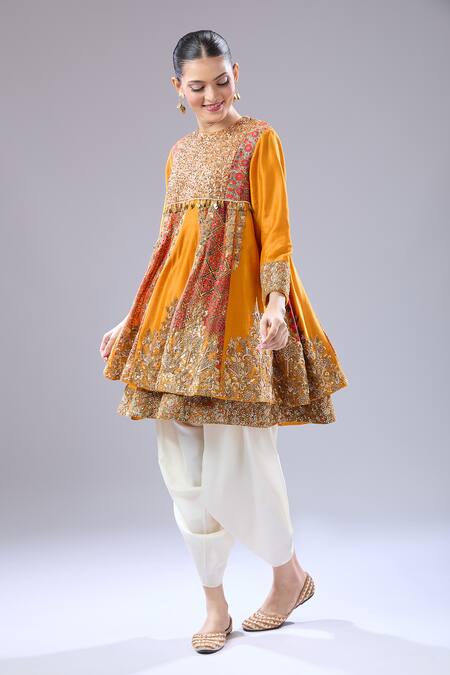 Shop Debyani + CO Orange Silk Sequins Round Neck Embroidered Burnt Anarkali Set Online at Aza Fashions Shop_Debyani + CO_Orange Silk Sequins Round Neck Embroidered Burnt Anarkali Set _Online_at_Aza_Fashions