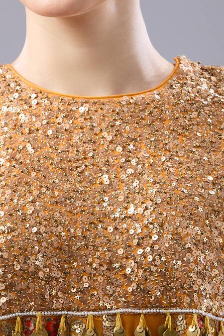 Debyani + CO Orange Silk Sequins Round Neck Embroidered Burnt Anarkali Set at Aza Fashions Debyani + CO_Orange Silk Sequins Round Neck Embroidered Burnt Anarkali Set _at_Aza_Fashions