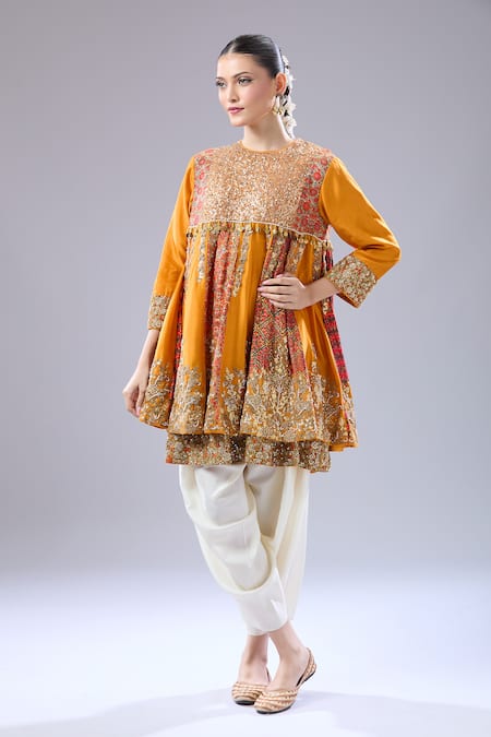 Buy Debyani + CO Orange Silk Sequins Round Neck Embroidered Burnt Anarkali Set Buy_Debyani + CO_Orange Silk Sequins Round Neck Embroidered Burnt Anarkali Set