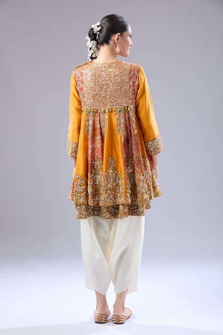 Shop Debyani + CO Orange Silk Sequins Round Neck Embroidered Burnt Anarkali Set at Aza Fashions Shop_Debyani + CO_Orange Silk Sequins Round Neck Embroidered Burnt Anarkali Set _at_Aza_Fashions