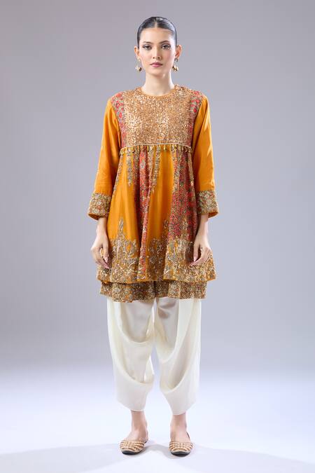 Shop Debyani + CO Orange Silk Sequins Round Neck Embroidered Burnt Anarkali Set Shop_Debyani + CO_Orange Silk Sequins Round Neck Embroidered Burnt Anarkali Set