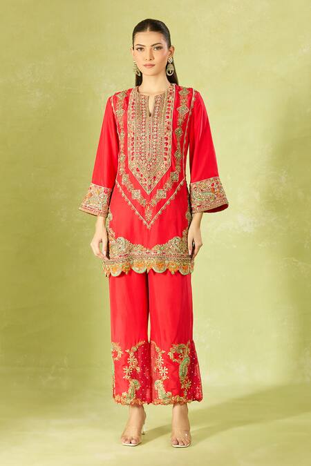 Debyani + CO Red Silk Embroidery Round Neck Kurta Set Online at Aza Fashions Debyani + CO_Red Silk Embroidery Round Neck Kurta Set _Online_at_Aza_Fashions
