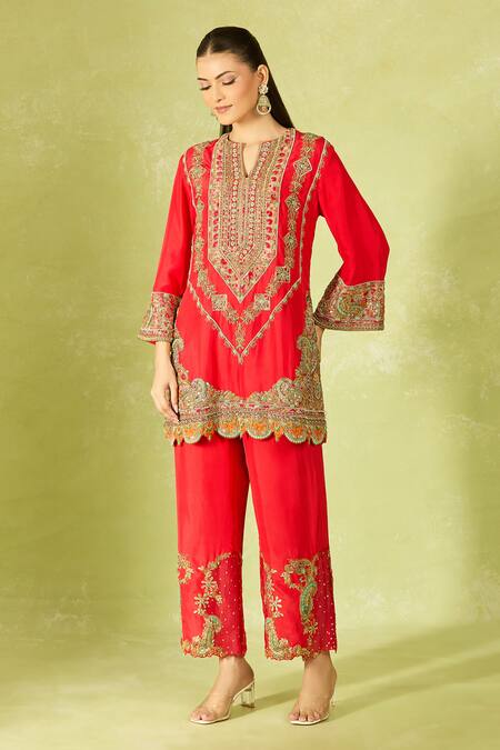 Buy Debyani + CO Red Silk Embroidery Round Neck Kurta Set Online at Aza Fashions Buy_Debyani + CO_Red Silk Embroidery Round Neck Kurta Set _Online_at_Aza_Fashions