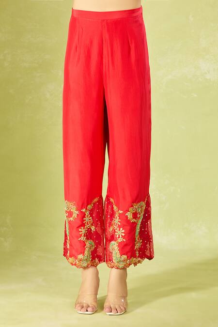 Shop Debyani + CO Red Silk Embroidery Round Neck Kurta Set Online at Aza Fashions Shop_Debyani + CO_Red Silk Embroidery Round Neck Kurta Set _Online_at_Aza_Fashions