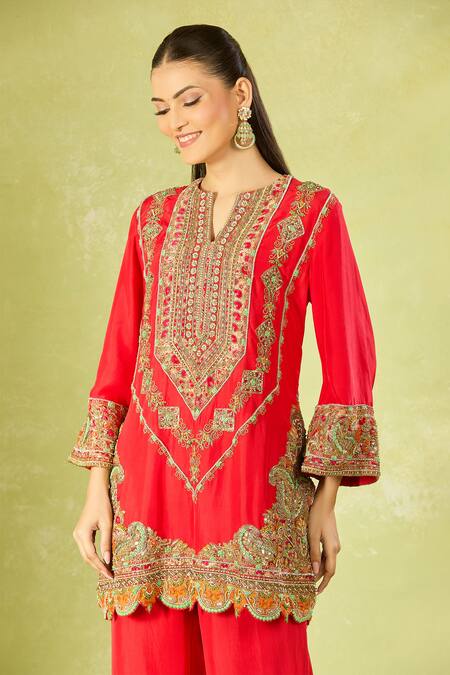 Debyani + CO Red Silk Embroidery Round Neck Kurta Set at Aza Fashions Debyani + CO_Red Silk Embroidery Round Neck Kurta Set _at_Aza_Fashions