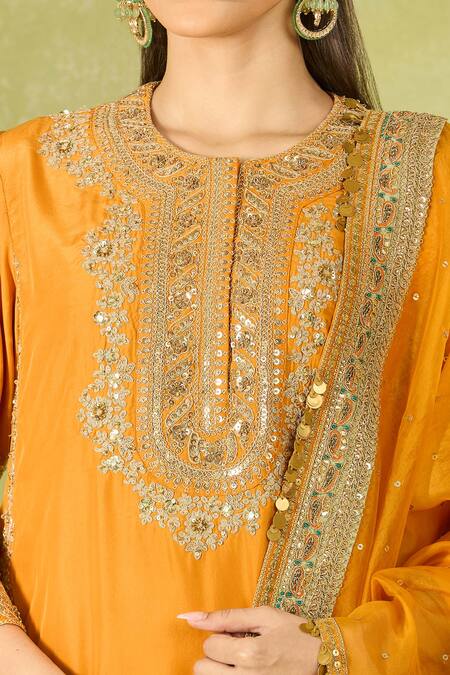 Debyani + CO Orange Silk Sequins Round Neck Embroidered Kurta Set Online at Aza Fashions Debyani + CO_Orange Silk Sequins Round Neck Embroidered Kurta Set _Online_at_Aza_Fashions