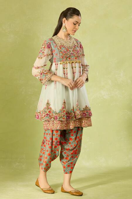 Debyani + CO Multi Color Chiffon, Cotton Embroidery, Sequins Round Neck Short Anarkali Set Online at Aza Fashions Debyani + CO_Multi Color Chiffon, Cotton Embroidery, Sequins Round Neck Short Anarkali Set _Online_at_Aza_Fashions