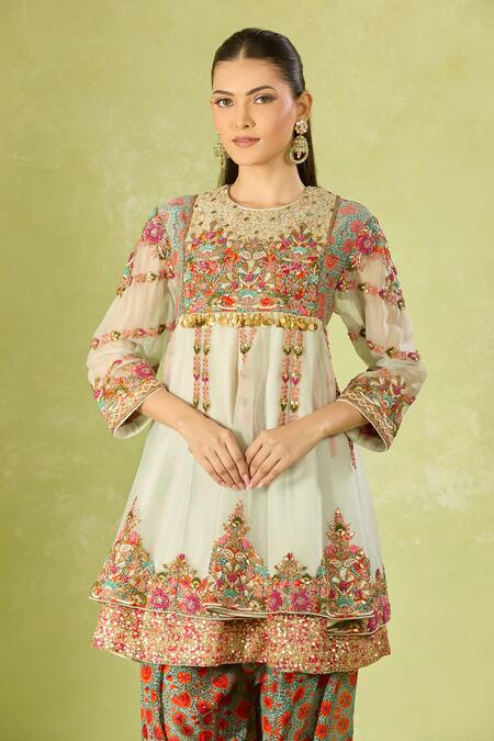 Buy Debyani + CO Multi Color Chiffon, Cotton Embroidery, Sequins Round Neck Short Anarkali Set Online at Aza Fashions Buy_Debyani + CO_Multi Color Chiffon, Cotton Embroidery, Sequins Round Neck Short Anarkali Set _Online_at_Aza_Fashions