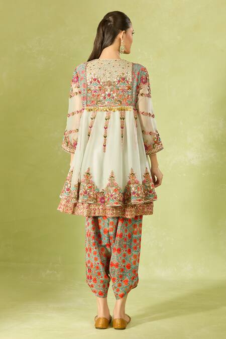 Shop Debyani + CO Multi Color Chiffon, Cotton Embroidery, Sequins Round Neck Short Anarkali Set at Aza Fashions Shop_Debyani + CO_Multi Color Chiffon, Cotton Embroidery, Sequins Round Neck Short Anarkali Set _at_Aza_Fashions