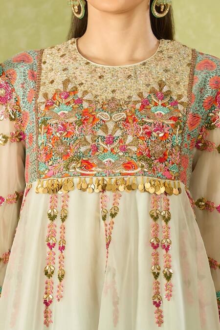 Shop Debyani + CO Multi Color Chiffon, Cotton Embroidery, Sequins Round Neck Short Anarkali Set Online at Aza Fashions Shop_Debyani + CO_Multi Color Chiffon, Cotton Embroidery, Sequins Round Neck Short Anarkali Set _Online_at_Aza_Fashions