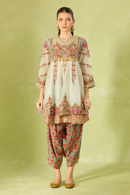 Debyani + CO Multi Color Chiffon, Cotton Embroidery, Sequins Round Neck Short Anarkali Set at Aza Fashions Debyani + CO_Multi Color Chiffon, Cotton Embroidery, Sequins Round Neck Short Anarkali Set _at_Aza_Fashions