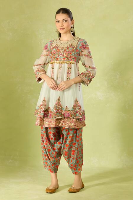 Buy Debyani + CO Multi Color Chiffon, Cotton Embroidery, Sequins Round Neck Short Anarkali Set Buy_Debyani + CO_Multi Color Chiffon, Cotton Embroidery, Sequins Round Neck Short Anarkali Set