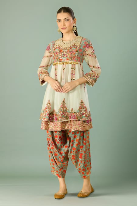 Debyani + Co Multi Color Chiffon, Cotton Embroidery, Sequins Round Neck Short Anarkali Set 