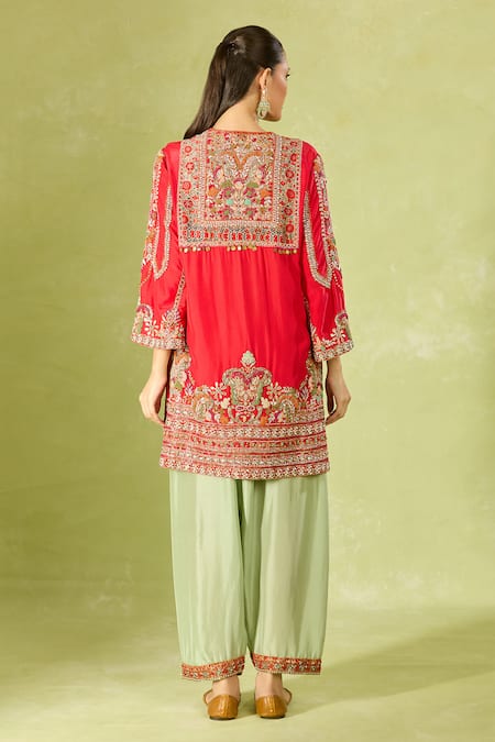Shop Debyani + CO Red Silk Embroidery Round Neck Kurta Set at Aza Fashions Shop_Debyani + CO_Red Silk Embroidery Round Neck Kurta Set _at_Aza_Fashions