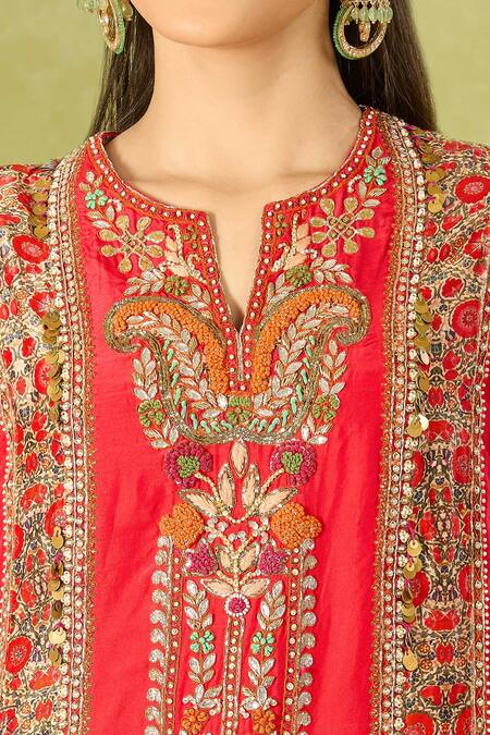 Buy Debyani + CO Red Silk Embroidery Round Neck Kurta Set Online at Aza Fashions Buy_Debyani + CO_Red Silk Embroidery Round Neck Kurta Set _Online_at_Aza_Fashions