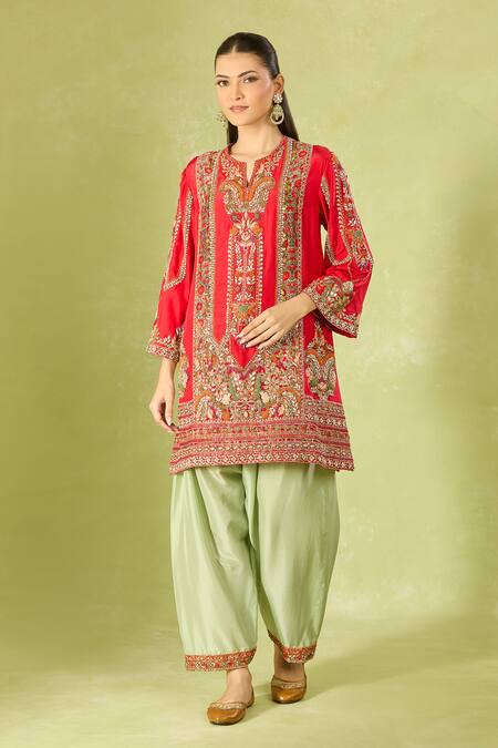 Shop Debyani + CO Red Silk Embroidery Round Neck Kurta Set Online at Aza Fashions Shop_Debyani + CO_Red Silk Embroidery Round Neck Kurta Set _Online_at_Aza_Fashions