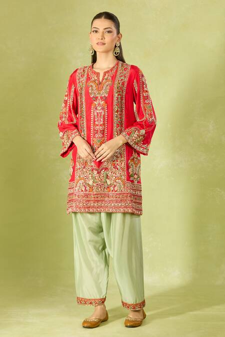 Debyani + CO Red Silk Embroidery Round Neck Kurta Set at Aza Fashions Debyani + CO_Red Silk Embroidery Round Neck Kurta Set _at_Aza_Fashions