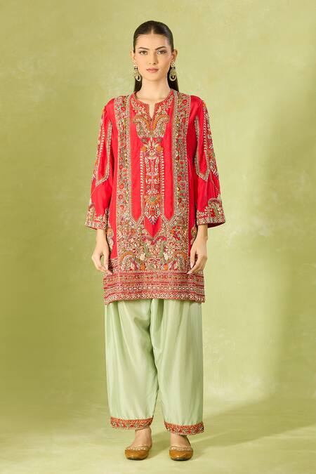 Buy Debyani + CO Red Silk Embroidery Round Neck Kurta Set Buy_Debyani + CO_Red Silk Embroidery Round Neck Kurta Set