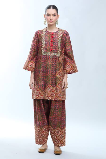Buy Debyani + CO Multi Color Silk Sequins, Embroidery Round Neck Floral Print Kurta Set Online at Aza Fashions Buy_Debyani + CO_Multi Color Silk Sequins, Embroidery Round Neck Floral Print Kurta Set _Online_at_Aza_Fashions