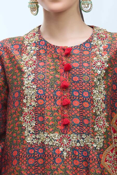 Buy Debyani + CO Multi Color Silk Sequins, Embroidery Round Neck Floral Print Kurta Set Buy_Debyani + CO_Multi Color Silk Sequins, Embroidery Round Neck Floral Print Kurta Set