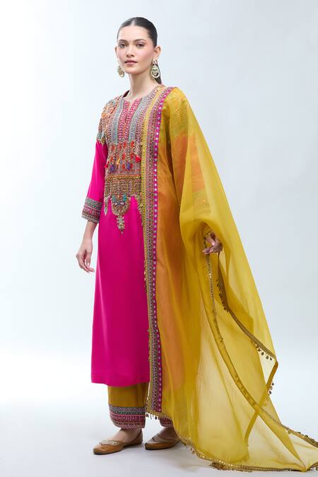 Buy Debyani + CO Pink Silk Embroidery, Zari Round Neck Zardozi Kurta Set Online at Aza Fashions Buy_Debyani + CO_Pink Silk Embroidery, Zari Round Neck Zardozi Kurta Set _Online_at_Aza_Fashions