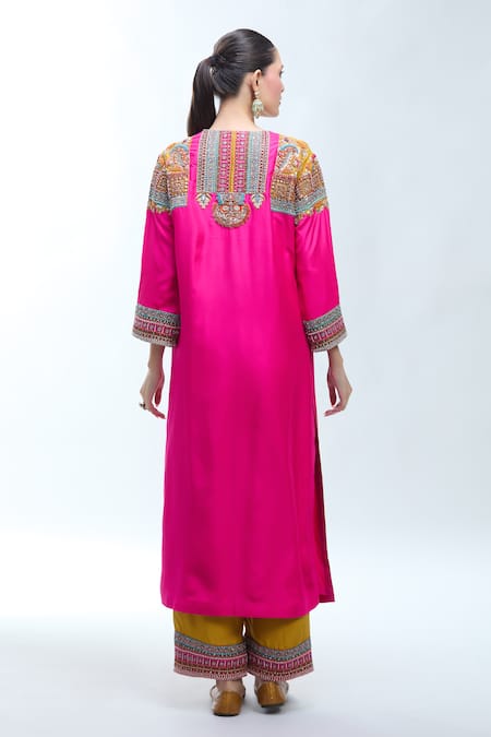 Shop Debyani + CO Pink Silk Embroidery, Zari Round Neck Zardozi Kurta Set at Aza Fashions Shop_Debyani + CO_Pink Silk Embroidery, Zari Round Neck Zardozi Kurta Set _at_Aza_Fashions